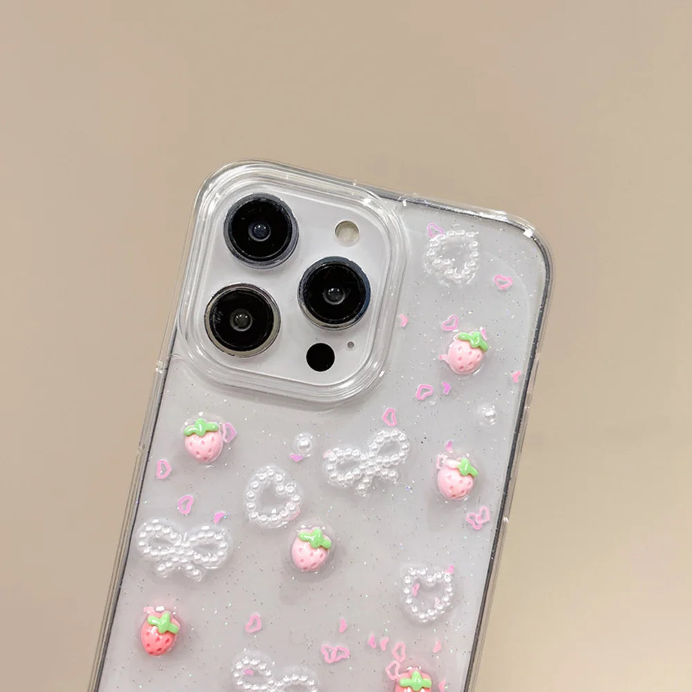 Qfdian Transparent Strawberry Pearl Bow Soft Phone Case for iPhone 16 Pro Max Fundas Cover for iPhone 11 12 13 14 15 Pro Max Back Cover