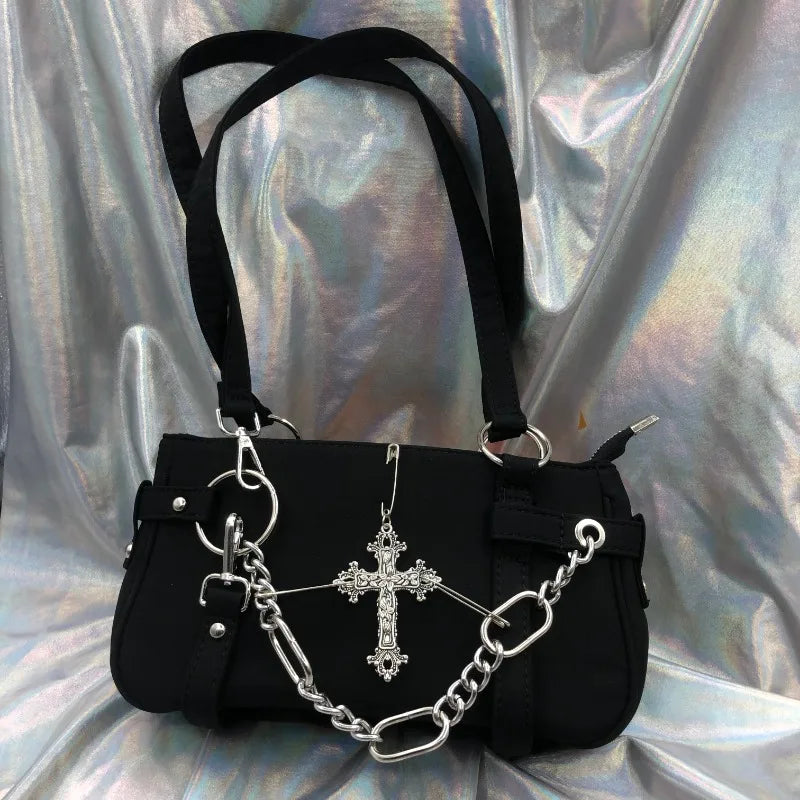 Qfdian Japanese Vintage Streetwear Punk Women Handbags Y2k Aesthetic Trendy Cross Chain Shoulder Bags Casual Fashion Chic Underarm Bag