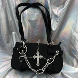 Qfdian Japanese Vintage Streetwear Punk Women Handbags Y2k Aesthetic Trendy Cross Chain Shoulder Bags Casual Fashion Chic Underarm Bag