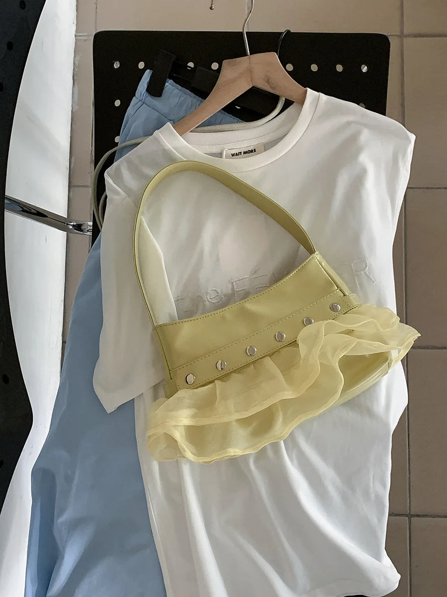 Qfdian Women Sweet Pleated Gauze Patchwork Rivet Handbags Fashion Fairy Y2k Aesthetic Shoulder Bags Office Lady All Match Underarm Bag