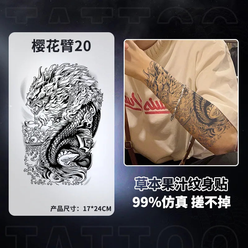 Qfdian Japanese Traditional Half Arm Herbal Juice Temporary Tattoo Stickers Sakura Leaf Lasting Art Fake Tattoo Men Women Faux Tatouage