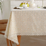 Qfdian Beige Daisy Lace Tassels Cotton Tablecloth Rectangle Table Cover for Tea Table Decorations Kitchen Living Room Wedding Party Use