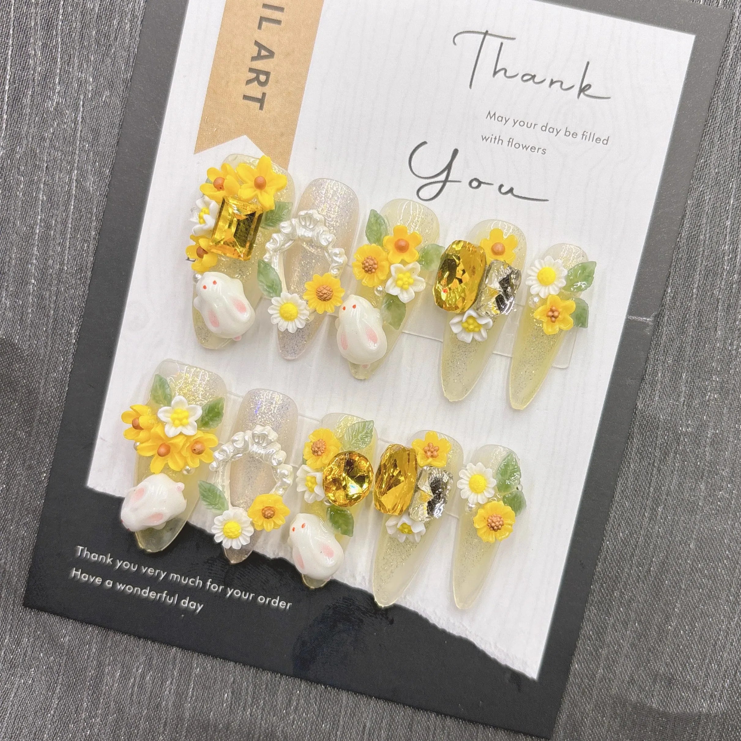 Qfdian Spring Cute Press on Nails White Rabbit Yellow Flower Gold Gem Glitter Nail Art Flexible Comfortable Durable for Women Girls