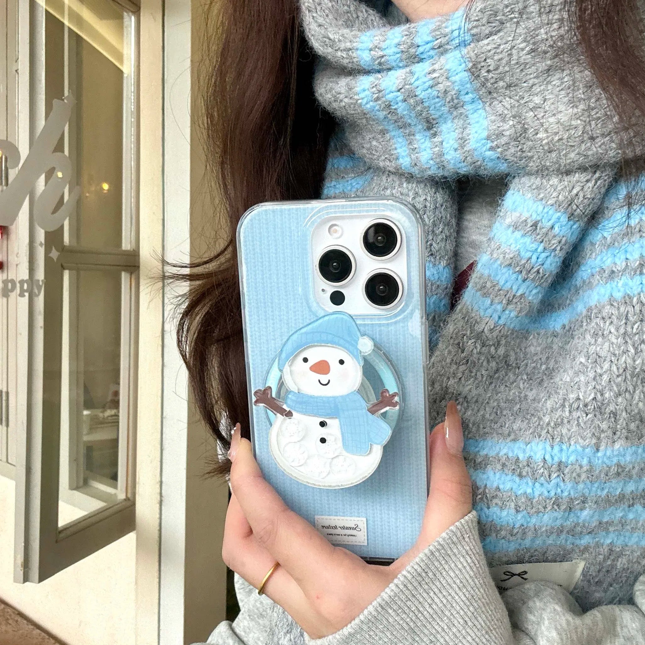 Qfdian Snowman stand holder magnetic cover for iphone 13 15 15pro 14promax 16 14 pro max 13promax winter stripes ins phone case