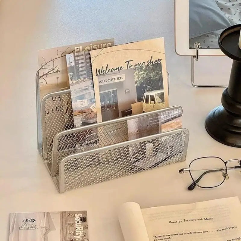 Qfdian 1 Pcs Black Desktop Office Storage Grid Metal Three-layer Business Card File Office Supplies Storage Rack