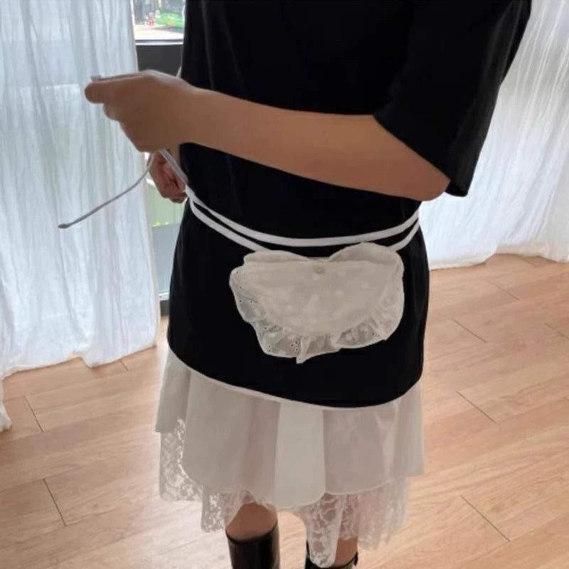 Qfdian Korean Fashion All Match Bandage Lace Mini Handbags Layered Fairy Sweet Kawaii Bags Women Trendy Y2k Aesthetic Chic Waist Packs