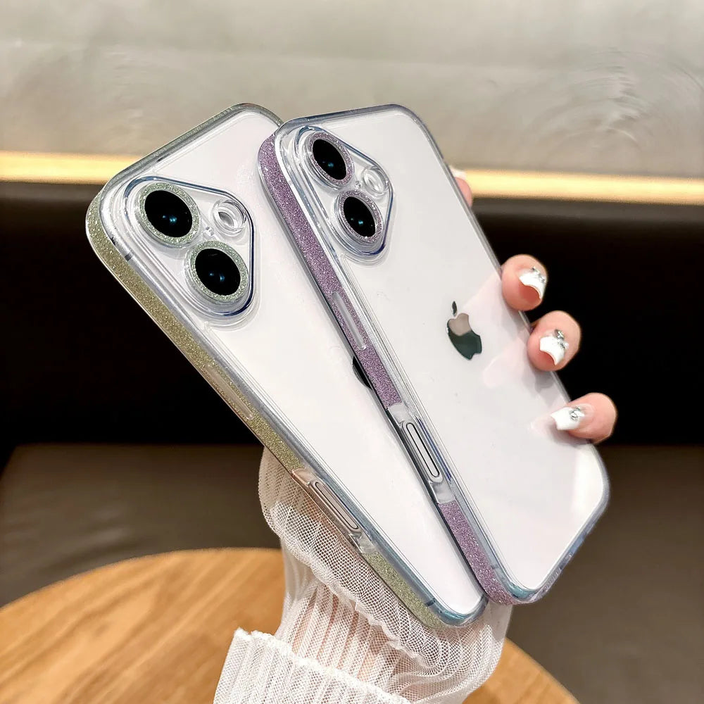 Qfdian Fashion Tempered Glass Transparent Back Cover for iPhone 16 15 14 13 12 11 Pro Max 14/15/16 Plus Sparkling Powder Soft Edge Case