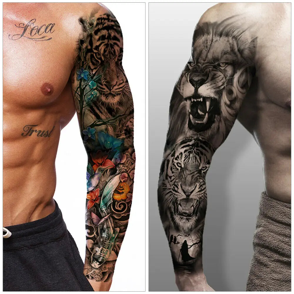 Qfdian Waterproof Full Arm Temporary Tattoo Sticker Tiger Lion Wolf Eye For Man Women Body Art Sleeve Flash Fake Shoulder Tatoo