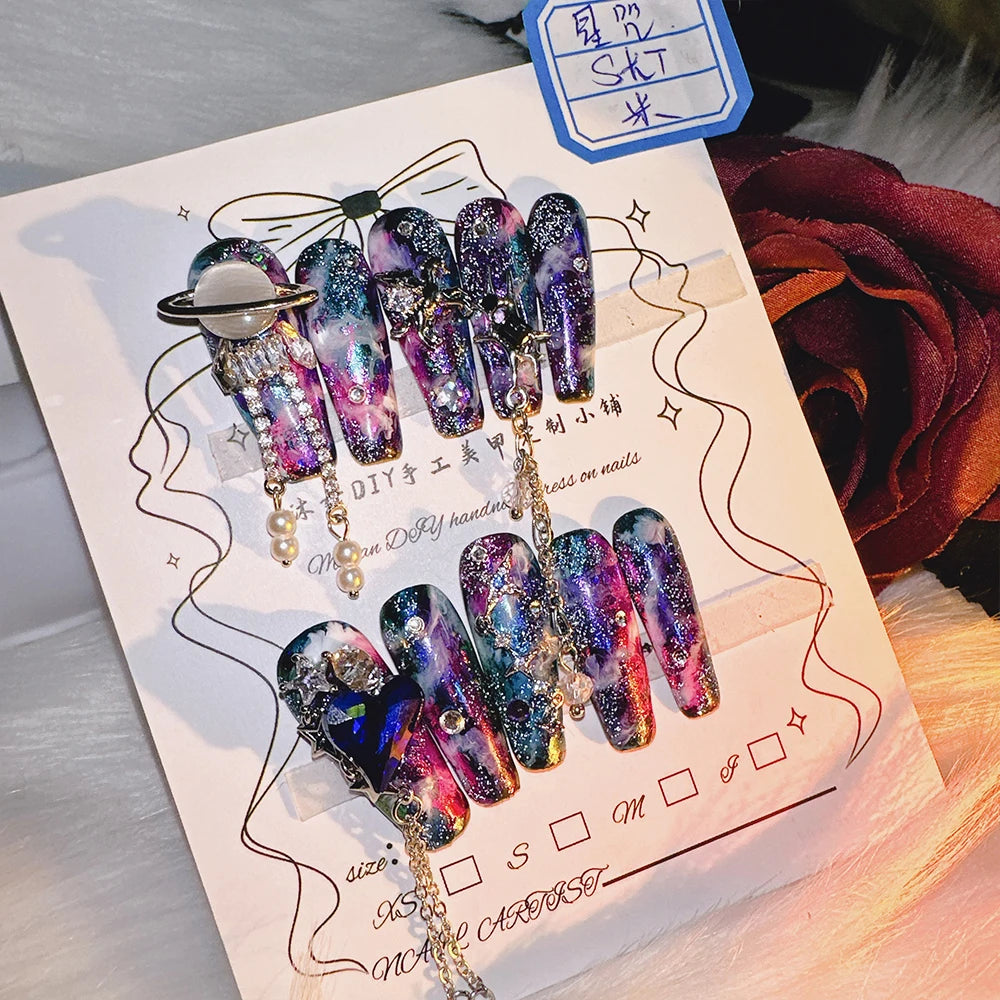 Qfdian 10P High Quality Handmade Press on Nails Cosmic Star Curse Constellation Sense Dark Explosion Flash Nail Art Real Shot Hot Girl