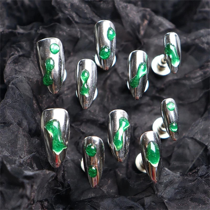 Qfdian Silver Handmade Almond False Nails Press on Nails Complete Acrylic Nail Tips Meddle Length Reusable Adhesive Artificial Manicure