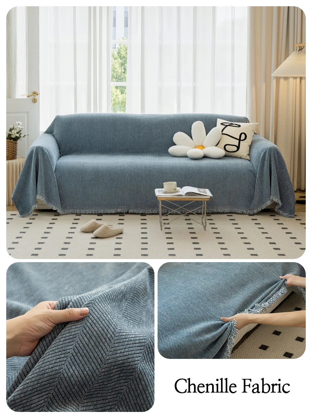 Qfdian Chenille Sofa Towel for living room French Style home decoration Sofa Cover Couch Cover Tassel edge Waffle cushion