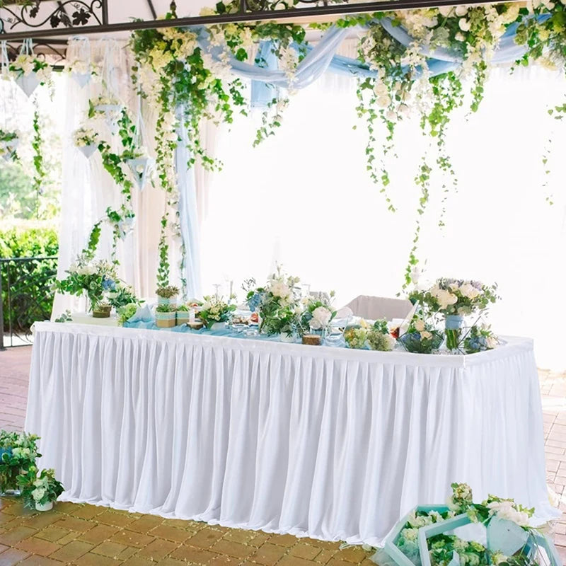 Qfdian White Table Skirts Rectangle Polyester Ruffle Tablecloth for Wedding Birthday Party Baby Bridal Shower Banquet Table Decorations