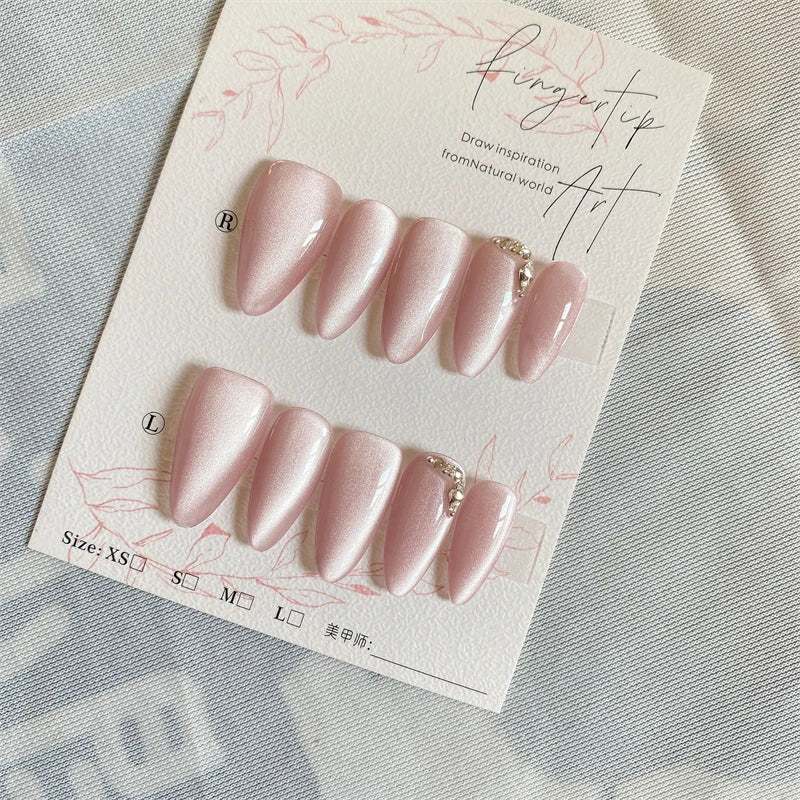 Qfdian Cat's Eye Handmade Fake Nails Press on Rose Gold Pink Manicure Wearable False Nails Full Cover Cute Almond Finger Tips for Woman