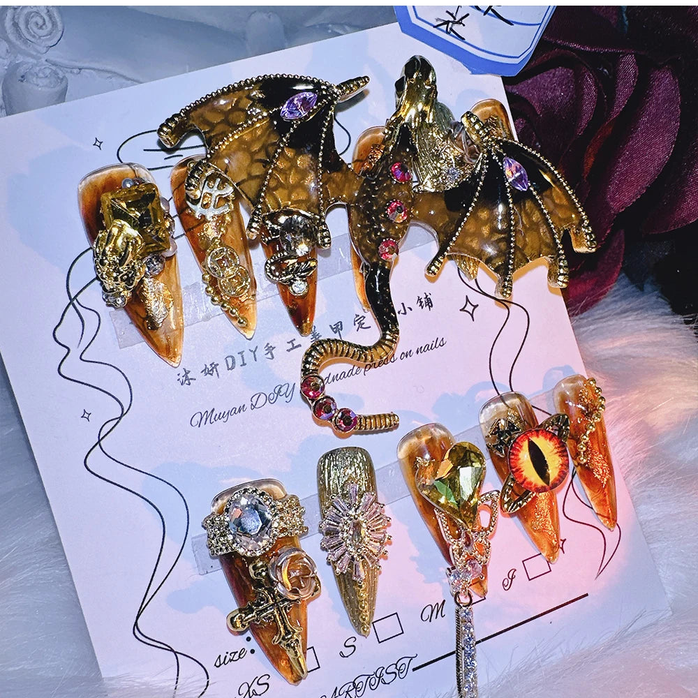 Qfdian 10Pcs High Quality Handmade Press on Nails Real Shot Pure Hand Drawn Wealth Accumulating Dragon Amber Exaggerated Super Cool