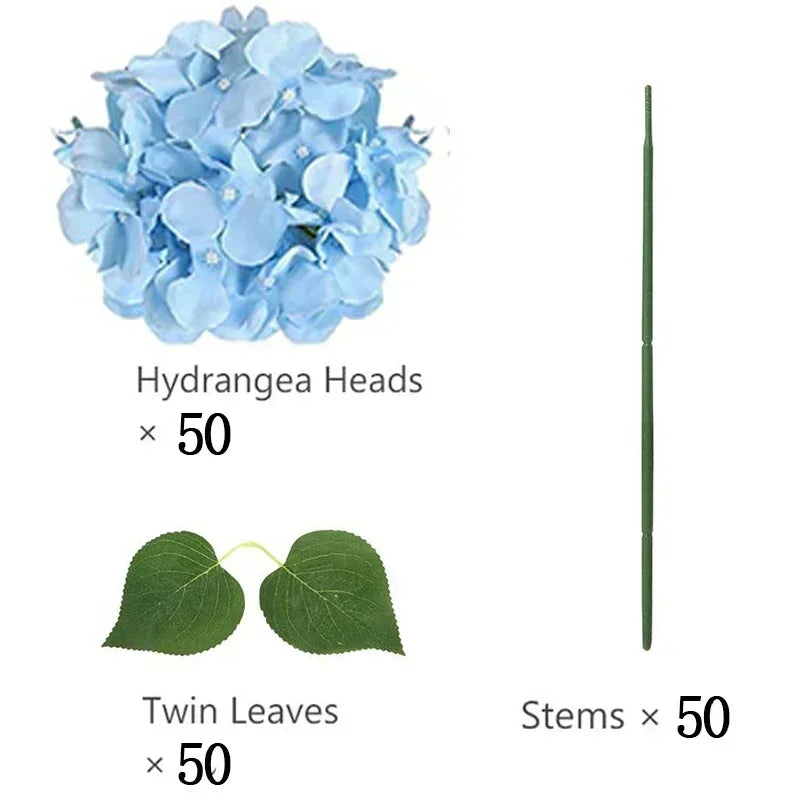 Qfdian 50 PCS Artificial Hydrangea Flowers Silk Hydrangea Heads for Wedding