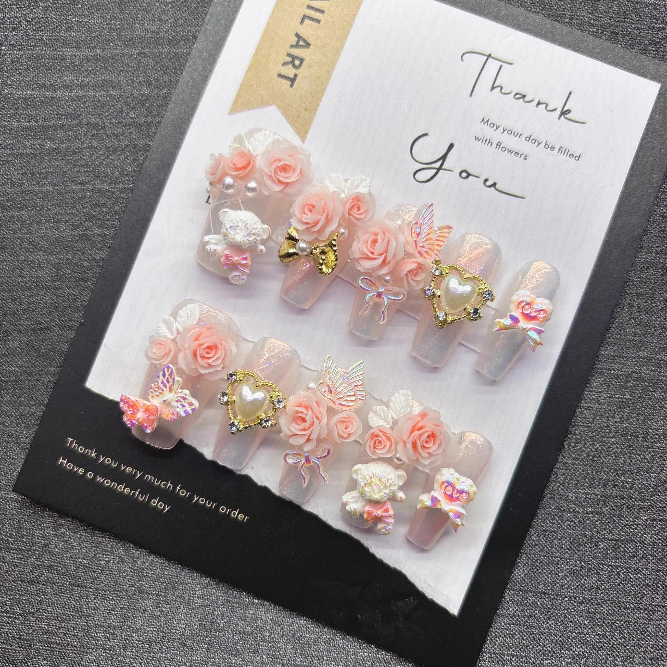 Qfdian Sweet Princess Romantic Press on Nail Light Pink Glitter with Butterfly Bear Charm Cute Fake Nails for Date Night Snug No Damage