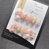 Qfdian Sweet Princess Romantic Press on Nail Light Pink Glitter with Butterfly Bear Charm Cute Fake Nails for Date Night Snug No Damage