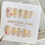 Qfdian Short Oval Press on Nails Handmade Fake Nails Full Cover Wearable False Reusable Adhesive Manicure Nails Glitter Dots Decoration
