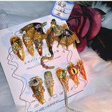 Qfdian 10Pcs High Quality Handmade Press on Nails Real Shot Pure Hand Drawn Wealth Accumulating Dragon Amber Exaggerated Super Cool