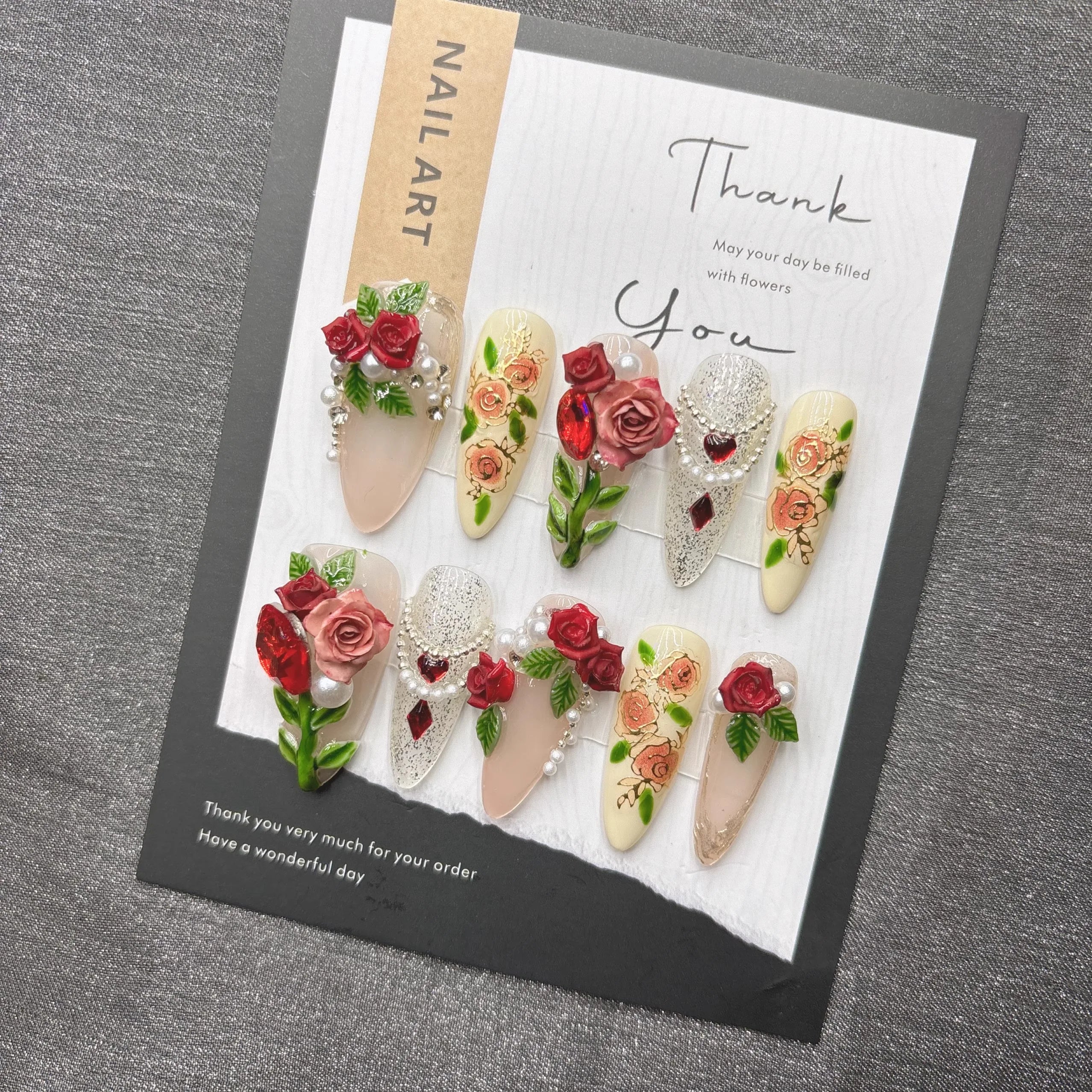 Qfdian Elegant Floral Pearl Press on Nails with Rhinestones False Nails for Wedding Party Date Romantic Glamorous Acrylic Nails for Wom