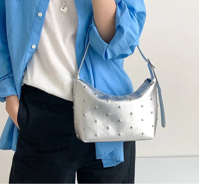 Qfdian Fashion Women Luxury Design Rivets Underarm Bag Punk All Match Office Lady Handbags Vintage Casual Shoulder Bags Y2k Aesthetic