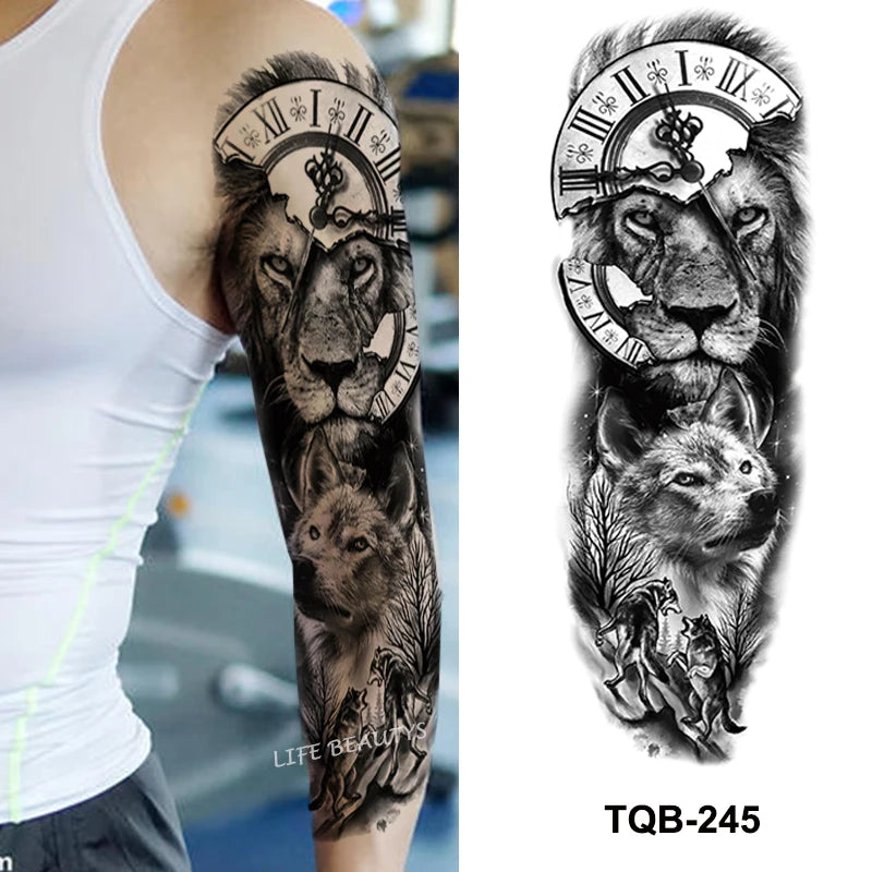 Qfdian Waterproof Full Arm Temporary Tattoo Sticker Tiger Lion Wolf Eye For Man Women Body Art Sleeve Flash Fake Shoulder Tatoo