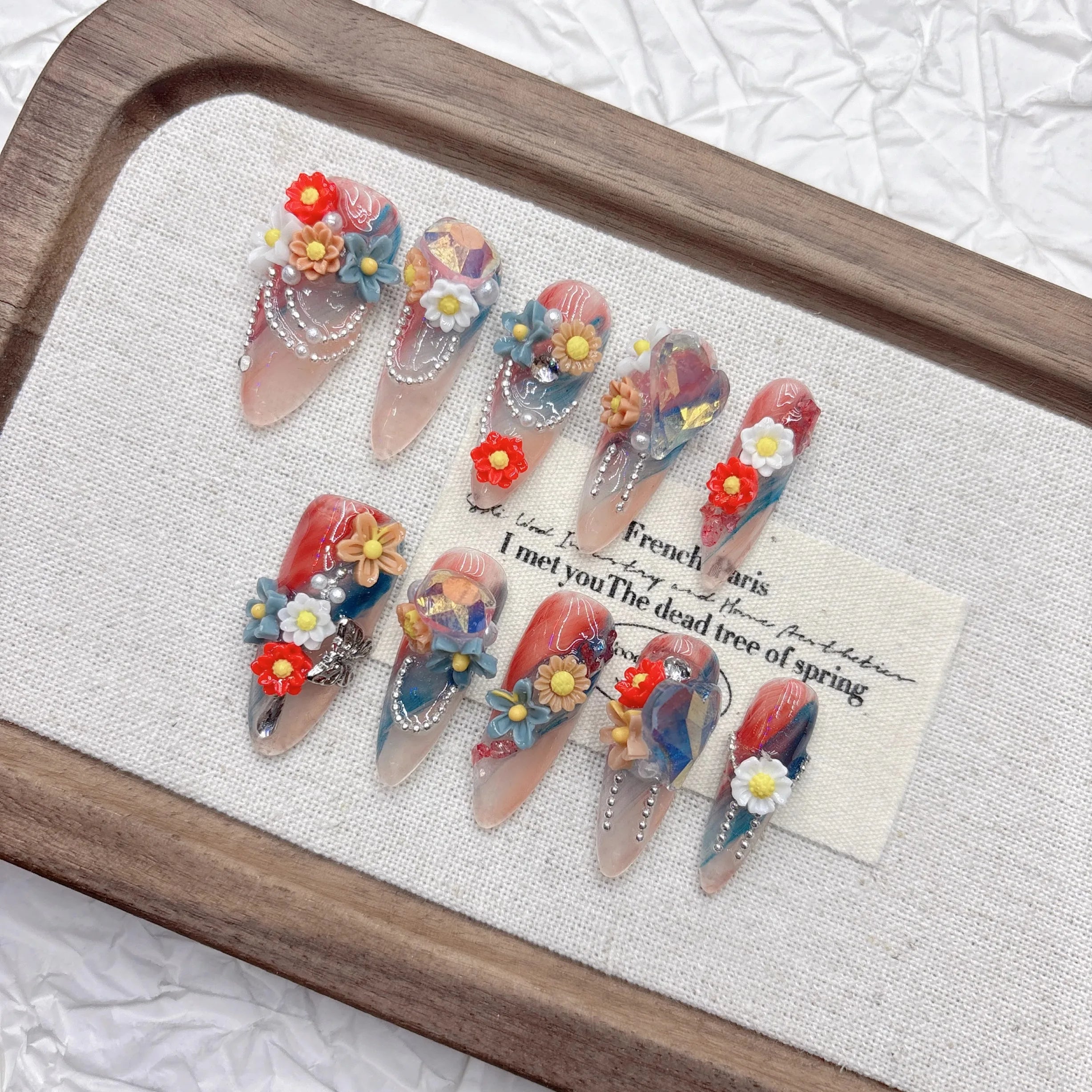 Qfdian 10Pcs High Quality Handmade Press on Nails Gentle Temperament Artistic Sense Explosion Celebrity-Style Nail Art Literary Style: