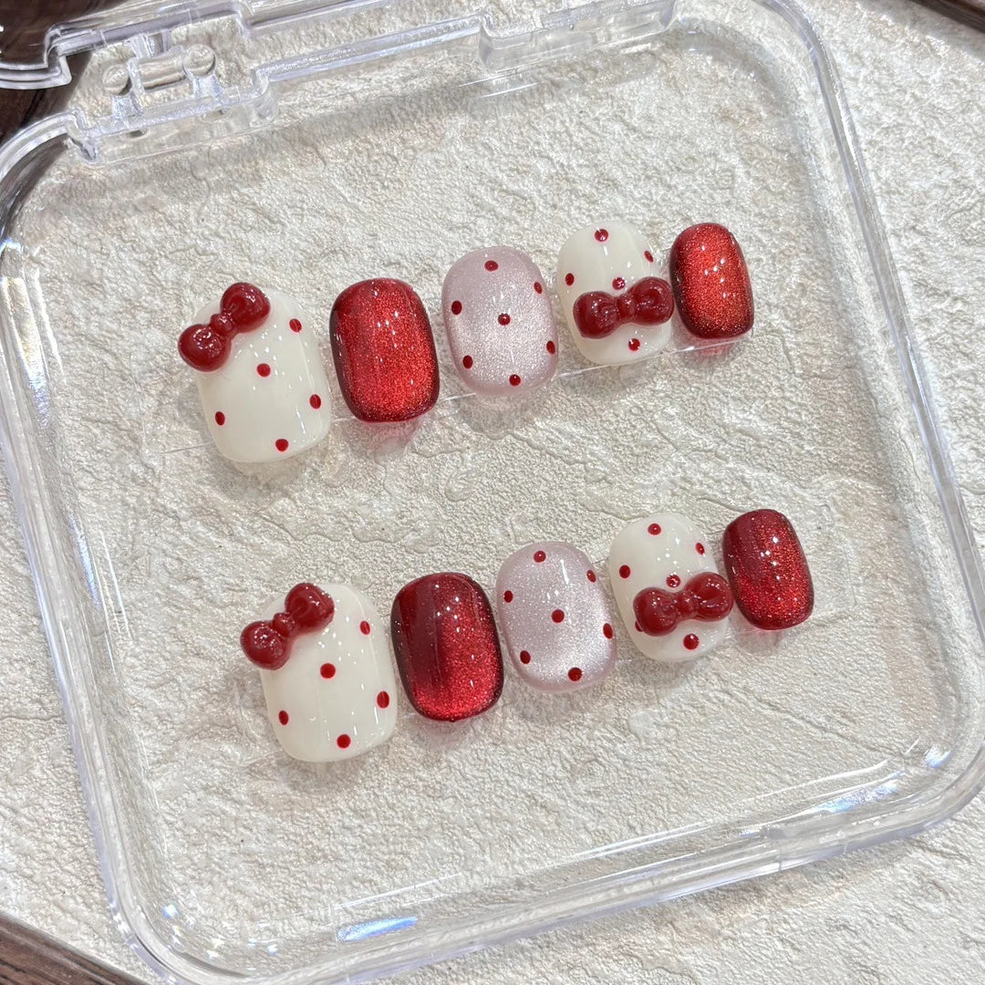 Qfdian 10pcs Handmade Short Cat Eye Dot Red Bow Removable Christmas Press on Nails Acrylic Cute Fake Nails Sweet False Nails for Hands