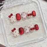 Qfdian 10pcs Handmade Short Cat Eye Dot Red Bow Removable Christmas Press on Nails Acrylic Cute Fake Nails Sweet False Nails for Hands