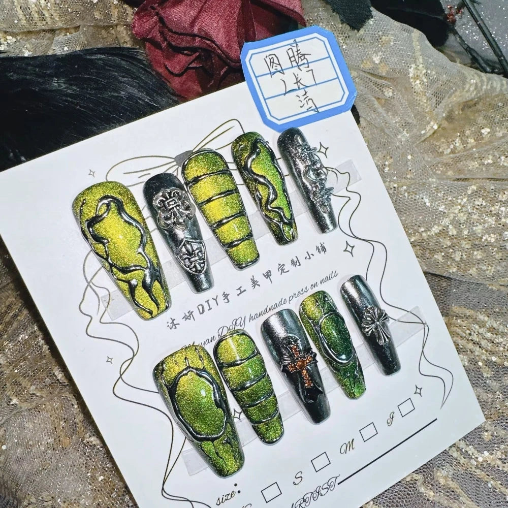 Qfdian 10P High Quality Handmade Press on Nails Cosmic Star Curse Constellation Sense Dark Explosion Flash Nail Art Real Shot Hot Girl