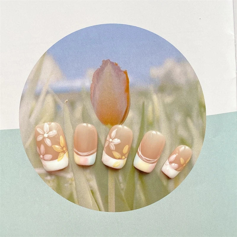 Qfdian Painted Flower Handmade Press On Nails Fake Nails French Manicure Artistic Gentle False Full Cover Nail Patch Color Finger Tips