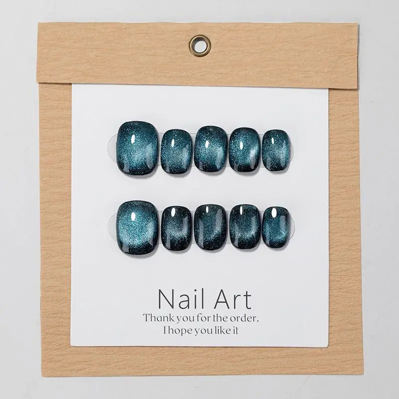 Qfdian 10pcs Cat Eye Blue Handmade Press on Nails Glitter False Nails Short Round Head Manicure Daily Wearable Adhesive Tips Beauty Art
