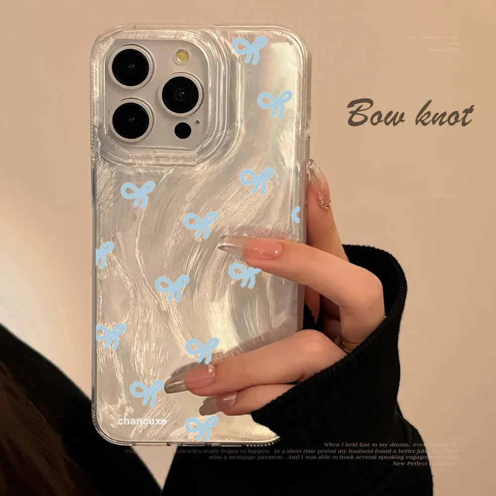Qfdian Ins Korean Mini Bow knot Laser Silver Phone Case For iPhone 11 13 14 15 16 Pro Max Cases iPhone 7 8 Plus XS XR Phone Cover