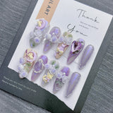 Qfdian 10Pcs High Quality Handmade Press on Nails High Cost Performance Hazy And Dreamy Nail Stickers Taro Purple Romance