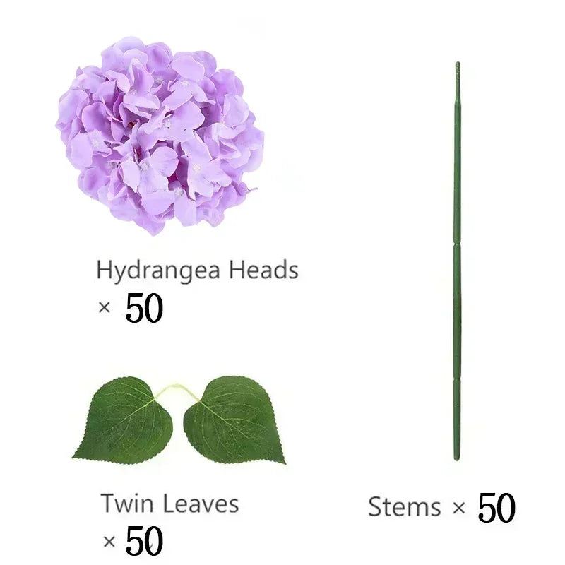 Qfdian 50 PCS Artificial Hydrangea Flowers Silk Hydrangea Heads for Wedding