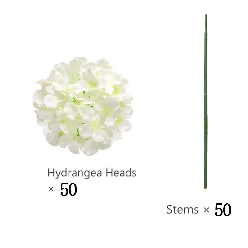 Qfdian 50 PCS Artificial Hydrangea Flowers Silk Hydrangea Heads for Wedding