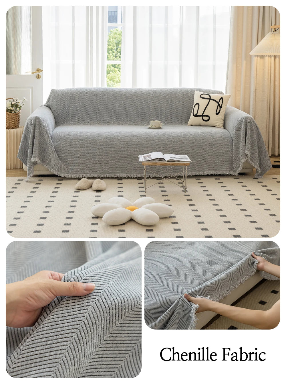 Qfdian Chenille Sofa Towel for living room French Style home decoration Sofa Cover Couch Cover Tassel edge Waffle cushion