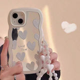 Qfdian Wavy Frame Heart-Shaped Mirror Phone Case For IPhone 15 14 13 12 11 Pro Max X XR Girls Fashion Phone Case With Bracelet