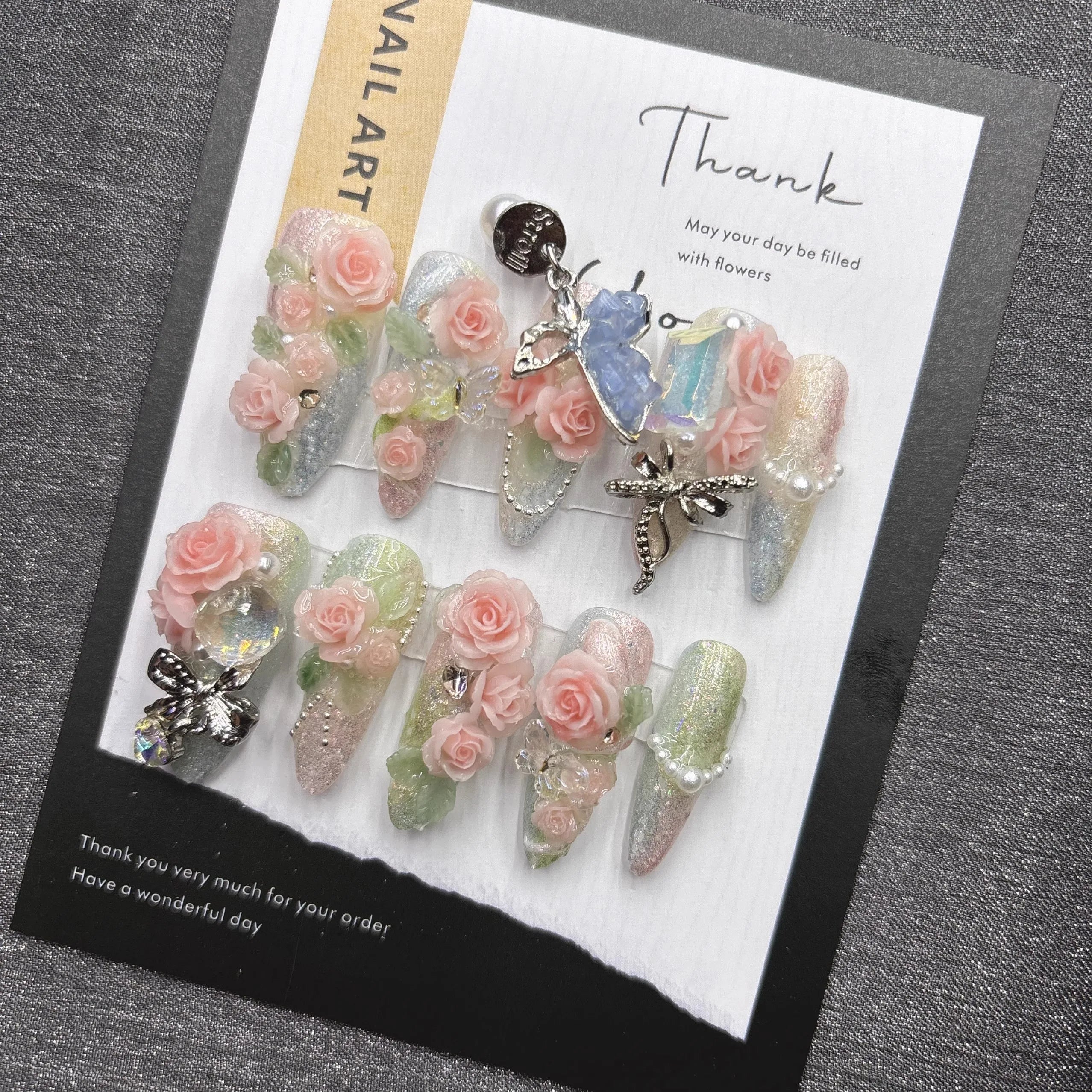 Qfdian Sweet Floral Press On Nails Pink Rose Butterfly Fake Nails For Women Elegant Pearl Rhinestone Party Nails Glamorous Reusable