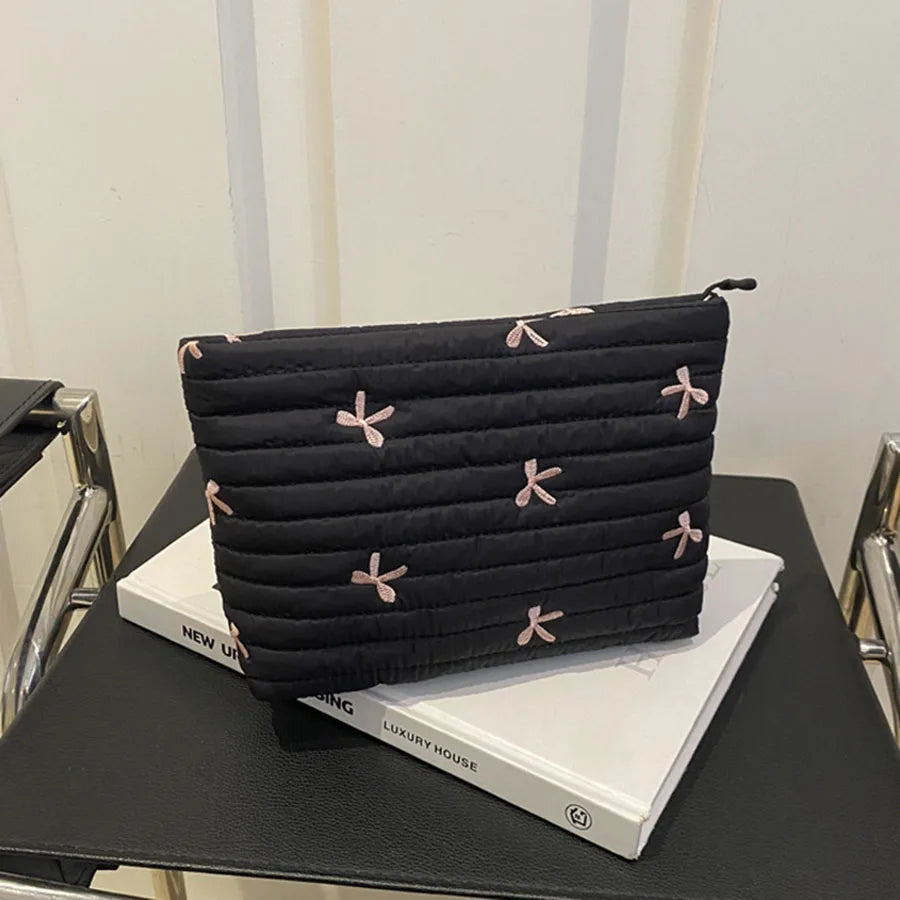 Qfdian Cute Makeup Bag with Zipper Large Capacity Cosmetic Bag Embroidery Bow Wash Storage Bag