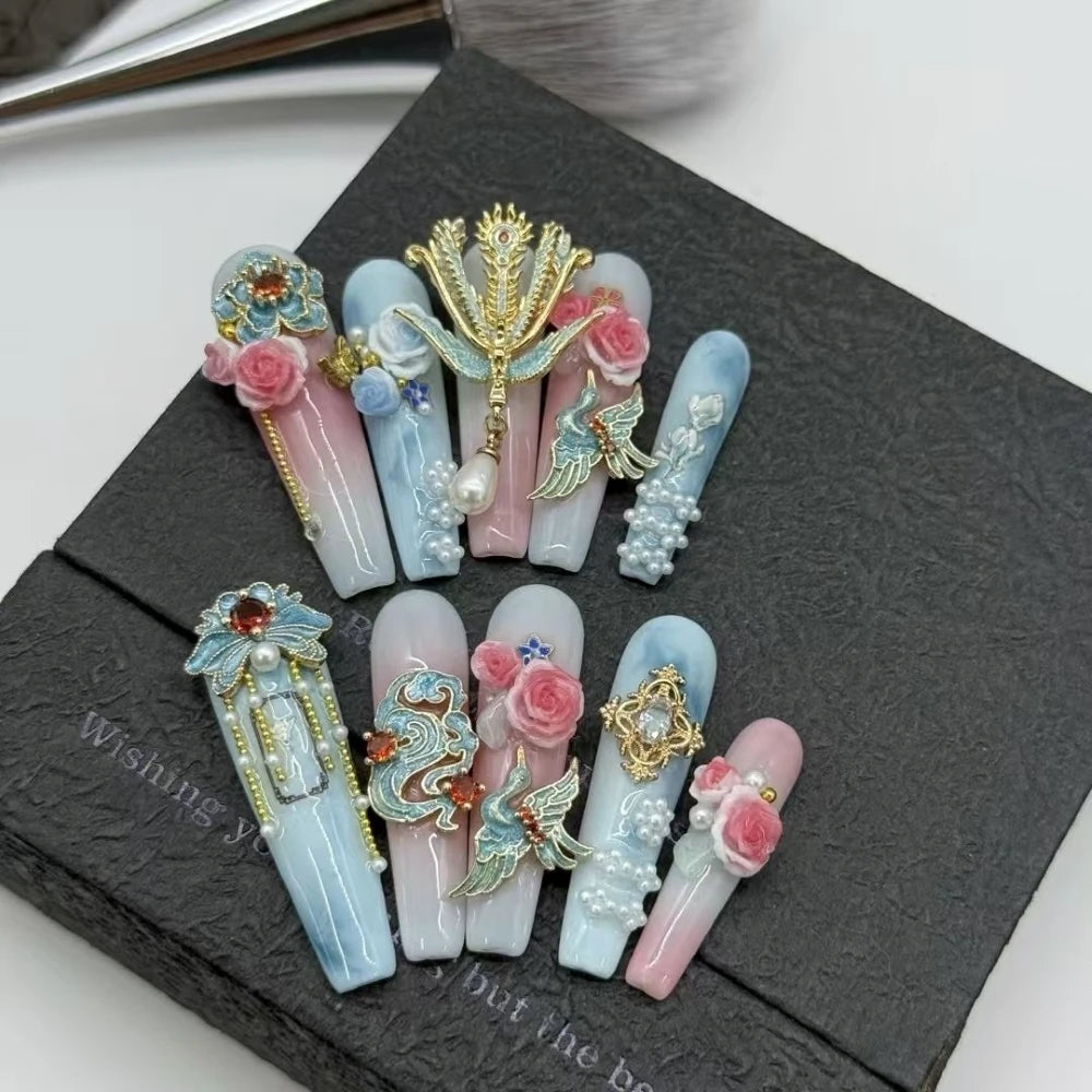 Qfdian 10Pcs High Quality Handmade Press on Nails Carved Retro Lace Rhinestone Full Setting Laser Glitter Stick-on Nail Art Retro Briti