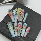 Qfdian 10Pcs High Quality Handmade Press on Nails Carved Retro Lace Rhinestone Full Setting Laser Glitter Stick-on Nail Art Retro Briti