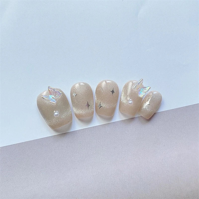 Qfdian 10Pcs Glitter Handmade Press On Nails Short Gradient Full Cover Butterfly Design False Nails Manicure Wearable Nail Tips Art