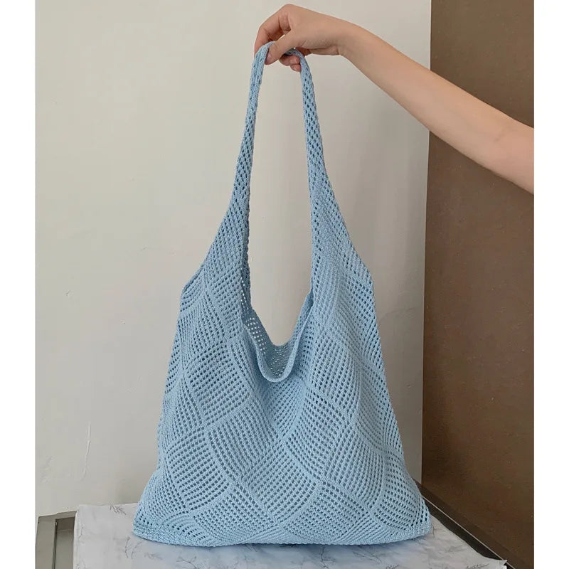 Qfdian Women Handbag Summer Hollow-out Bead Tote Bag Bucket Shoulder Bag Female Reticulate Netted Canvas Beach Handbag