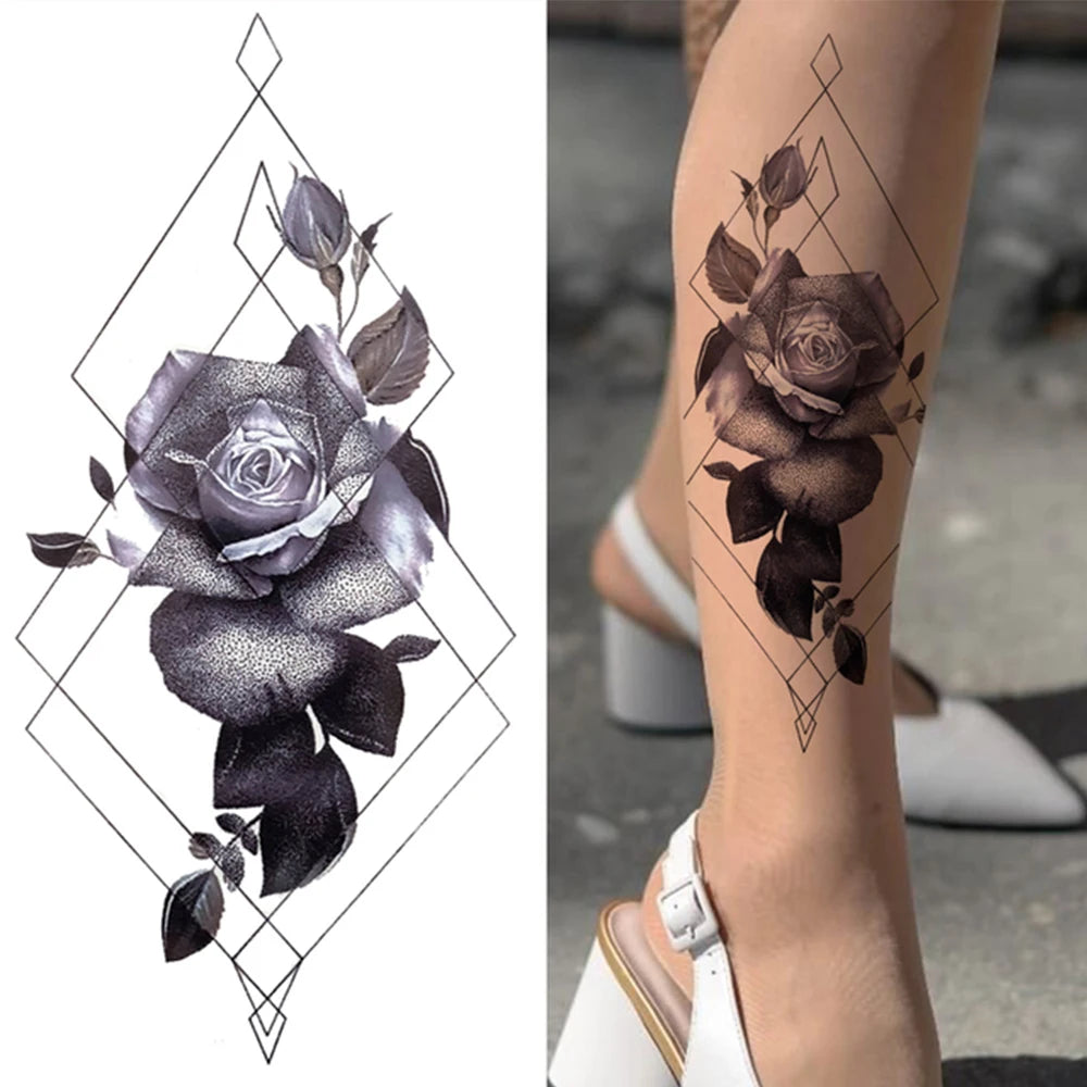 Qfdian Black Sexy Flower Waterproof Temporary Tattoos Sticker Rose Snake Lion Women Body Arm Painting Realistic Fake Tattoo