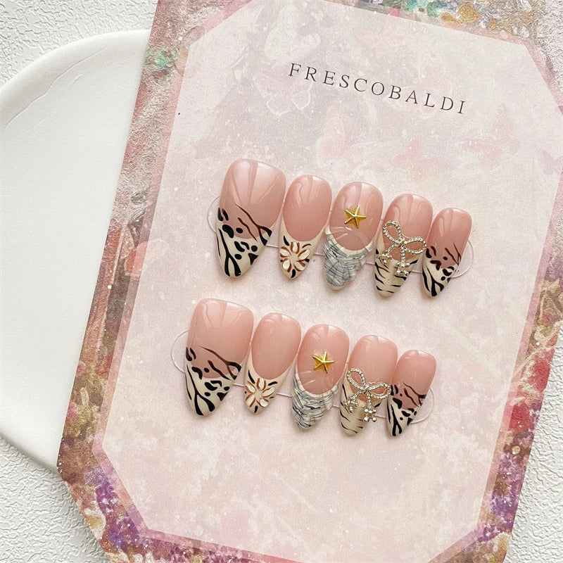 Qfdian Almond Handmade False Nails Press on Reusable Adhesive Fake Nails Leopard French Manicure Wearable Artificial Finger Tips Woman