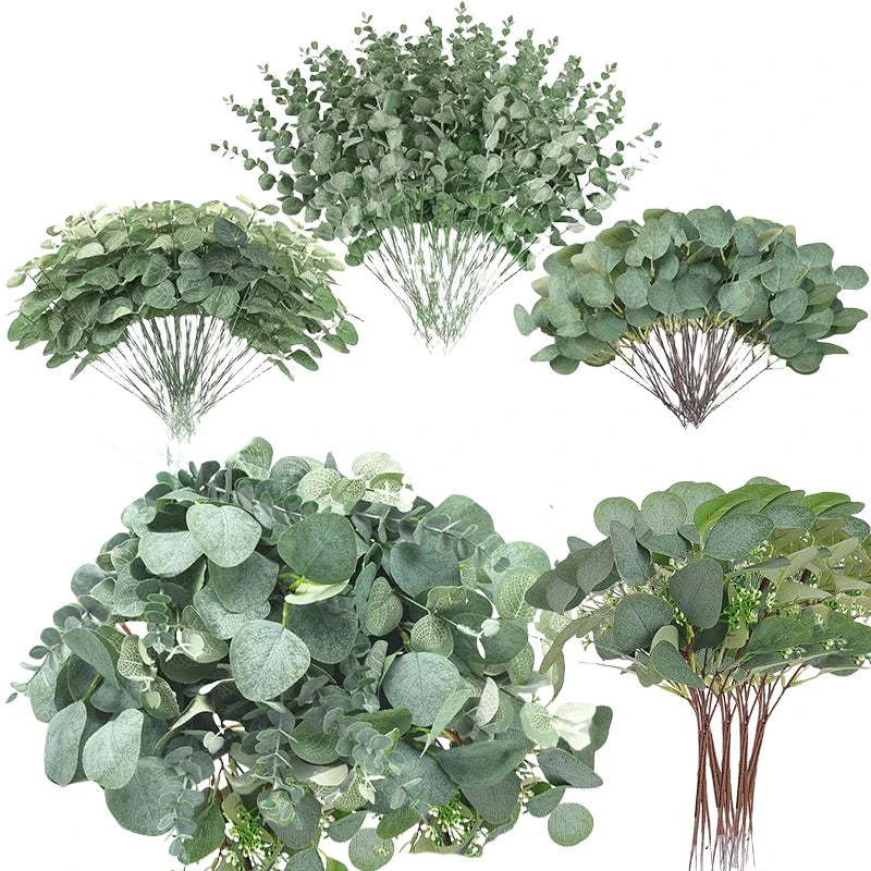 Qfdian 100 Pcs Mixed Eucalyptus Leaves Stems Bulk Artificial Silver Dollar Eucalyptus Leaves Picks Dried Eucalyptus Bundle Faux Spray