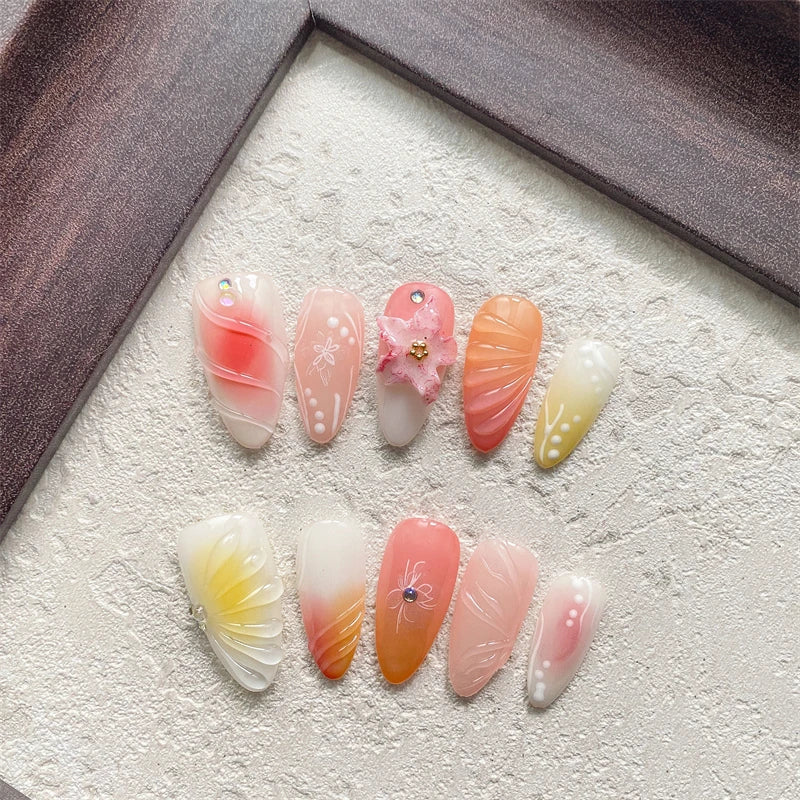 Qfdian Handmade Trendy Press On Nails, False Nails with Design, Almond Medium-Long Fake Nail Tips Cute Elegant Party Daily Wear Women