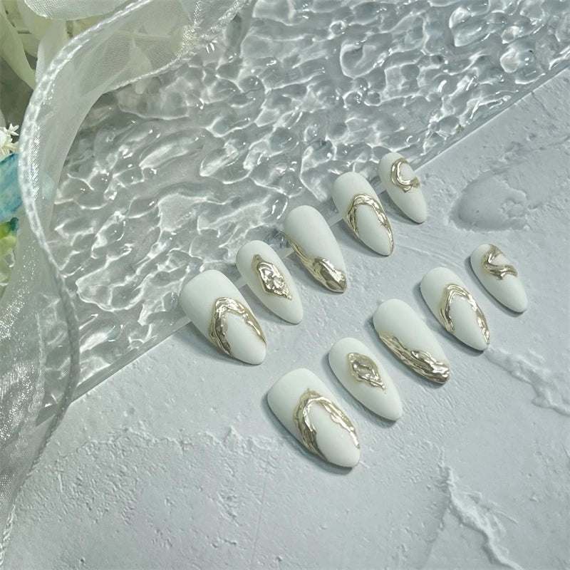 Qfdian 10pcs Almond Handmade Press on Nails White Foils Designed False Nails Manicure Artificial Short Full Cover Wearable Nail Tips