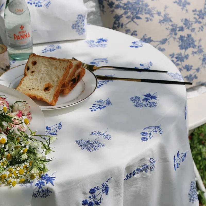 Qfdian Cotton Ruffle Tablecloth Rectangular Farmhouse Embroidery Floral Blue Table Covers for Kitchen Living Room Outdoor Wedding Decor